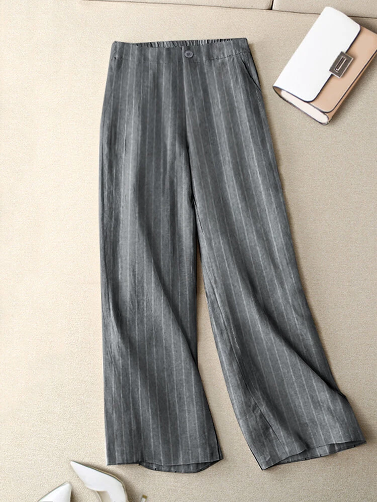 Women Vertical Striped Casual Straight Pants With Pocket 1 Women Vertical Striped Casual Straight Pants With Pocket