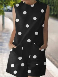 Dot Print Pocket Sleeveless Crew Neck Casual Romper