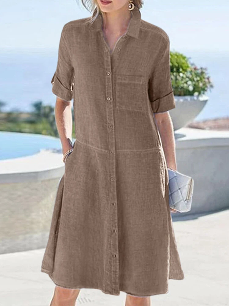 Women Solid Lapel Button Up Shirt Dress With Sleeve Tabs 2 Women Solid Lapel Button Up Shirt Dress With Sleeve Tabs - Image 2