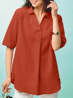 Women Solid Color Lapel Casual Short Sleeve Shirt