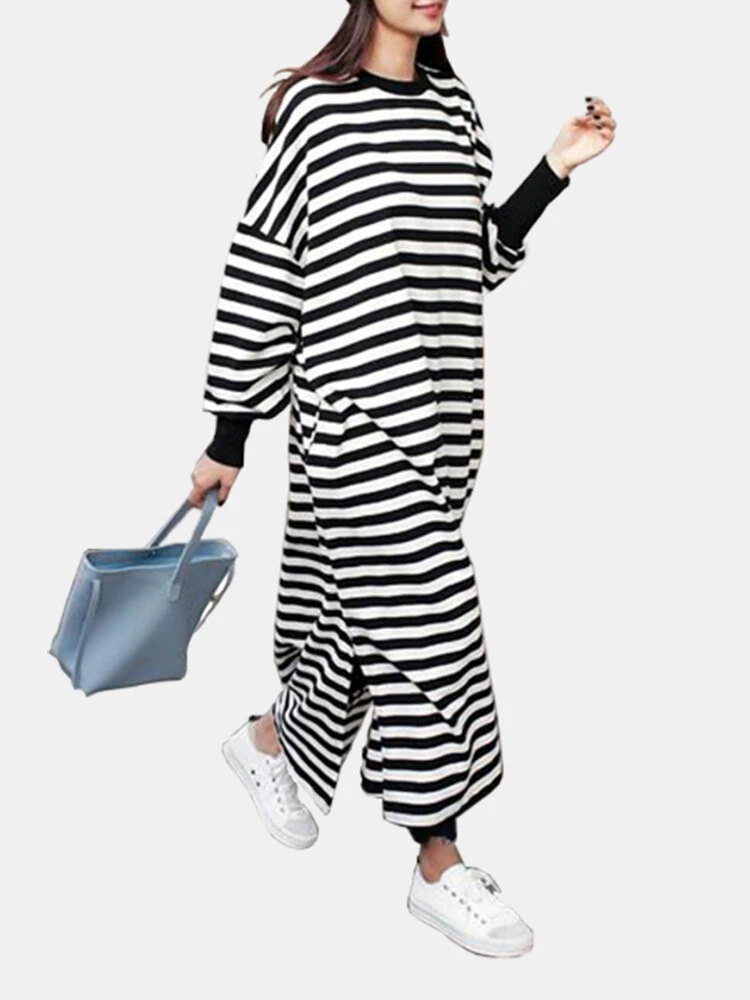 Casual O-neck Overhead Split Hem Long Sleeve Maxi Dress With Side Pockets 1 Casual O-neck Overhead Split Hem Long Sleeve Maxi Dress With Side Pockets