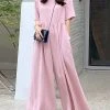 Women Solid Pleated Short Sleeve Wide Leg Jumpsuit