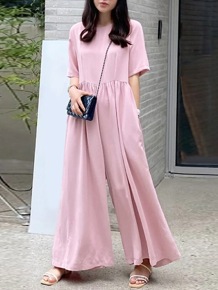 Women Solid Pleated Short Sleeve Wide Leg Jumpsuit 1 Women Solid Pleated Short Sleeve Wide Leg Jumpsuit