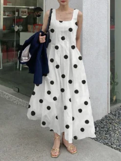 Allover Polka Dot Print Pocket Square Collar Sleeveless Dress