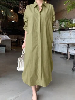 Solid Color Button Long Sleeve Casual Dress For Women
