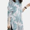 Marble Pattern Slit Hem Loose Button Front Blouse