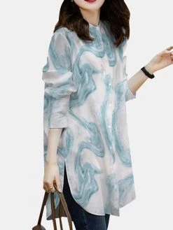 Marble Pattern Slit Hem Loose Button Front Blouse