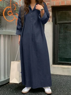 Solid Long Sleeve Denim Lapel Button Casual Dress -Zanzea Shop 0afbb39e 8a8f 405a ac70 3d6fc4ca3fb6
