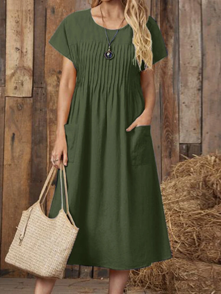 Women Solid Pleated Crew Neck Double Pocket Casual Dress 4 Women Solid Pleated Crew Neck Double Pocket Casual Dress - Image 4