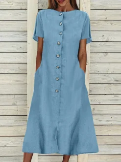 Women Solid Button Front Short Sleeve Denim Shirt Dress