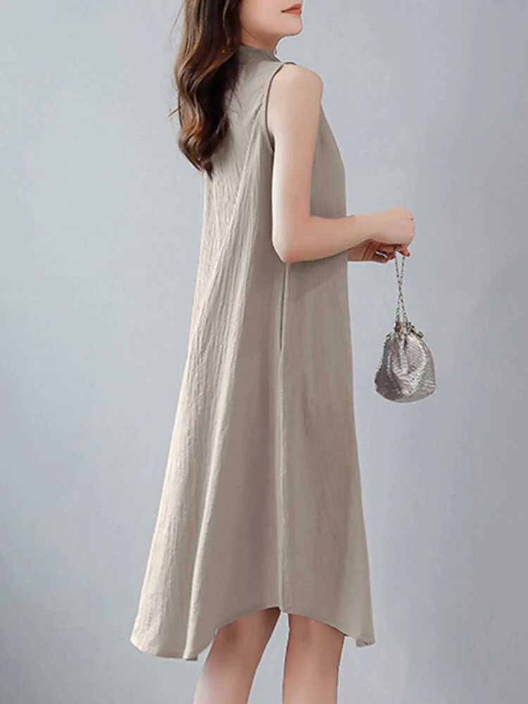 Solid Stand Collar Button Sleeveless Dress For Women 8 Solid Stand Collar Button Sleeveless Dress For Women - Image 8