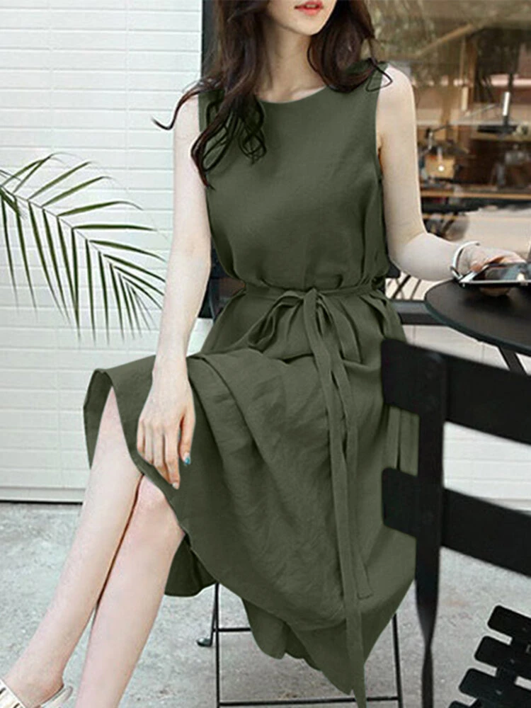 Solid Sleeveless Button Back Midi Dress With Belt 12 Solid Sleeveless Button Back Midi Dress With Belt - Image 12