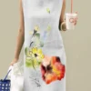Women Watercolor Lotus Print Crew Neck Sleeveless Dress