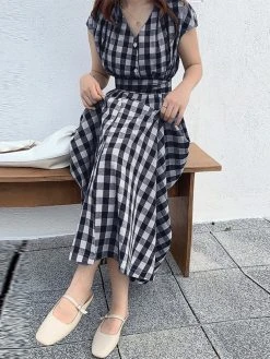 Check Print Button V-neck Short Sleeve Belt Maxi Dress -Zanzea Shop 0bef4d07 481d 4502 8e2d 3384e824711b
