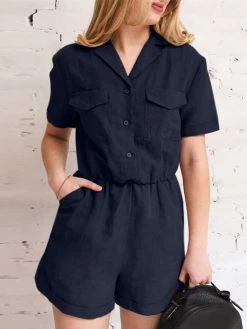 Solid Pocket Button Front Short Sleeve Lapel Cargo Romper -Zanzea Shop 0c0b8575 eef4 420b b086 56fb0a01c668