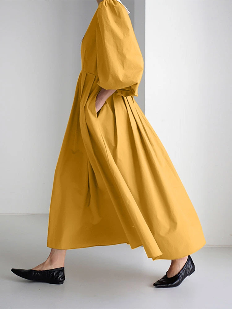 Contrast Collar Pleated Pocket Lantern Sleeve Maxi Dress 8 Contrast Collar Pleated Pocket Lantern Sleeve Maxi Dress - Image 8