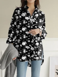 Women Allover Rose Print Lapel High-Low Hem Long Sleeve Shirt -Zanzea Shop 0c4189d2 2972 4e09 9767 0bc46a66df44