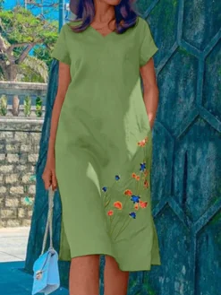 Women Floral Embroidered V-Neck Side Split Cotton Dress 6 Women Floral Embroidered V-Neck Side Split Cotton Dress -Zanzea Shop 0c488b3e 67af 41f8 bdf4 5ff08c28f0e7