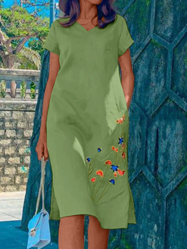 Women Floral Embroidered V-Neck Side Split Cotton Dress 3 Women Floral Embroidered V-Neck Side Split Cotton Dress - Image 3