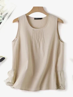 Women Pleated Splice Hem Cotton Sleeveless Tank Top