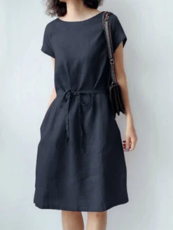 Solid Pocket Short Sleeve Crew Neck Dress With Belt -Zanzea Shop 0c7c19f7 fef7 4b3e af87 67c02e4d1429