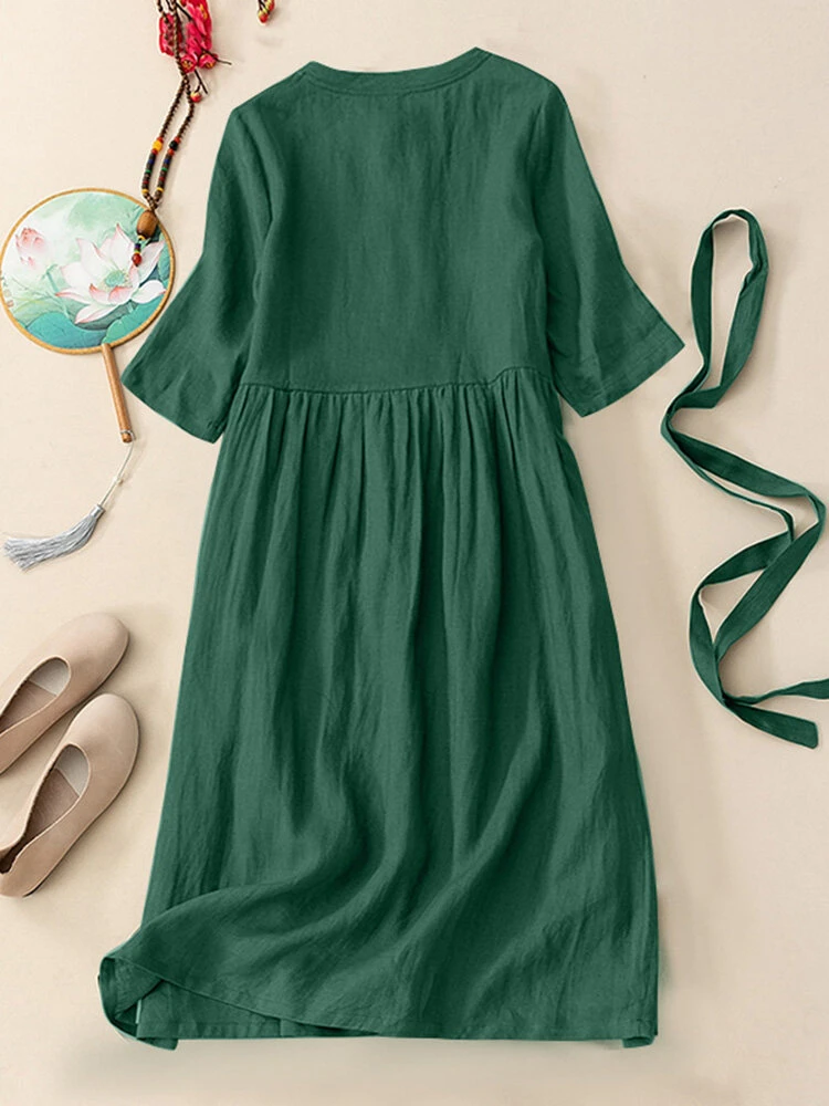 Solid Frog Button Half Sleeve Vintage Dress With Belt 2 Solid Frog Button Half Sleeve Vintage Dress With Belt - Image 2