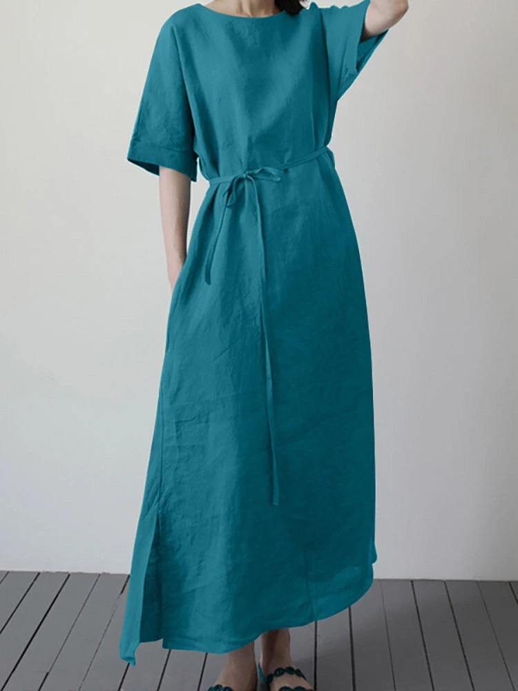 Solid Slit Pocket Half Sleeve Loose Dress With Belt 2 Solid Slit Pocket Half Sleeve Loose Dress With Belt - Image 2