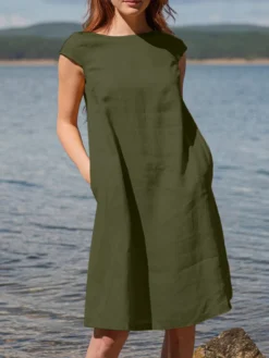 Women Solid Short Sleeve Pocket Crew Neck Dress -Zanzea Shop 0cda02de 54d0 4be7 abd4 248a3eeed757