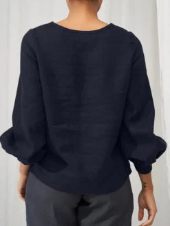 Solid Lantern Sleeve Button Front Crew Neck Blouse -Zanzea Shop 0cdd1cf0 7dc5 4f67 963c 53134d310616