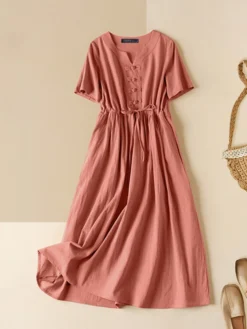 Women Solid Notched Neck Frog Button Drawstring Waist Dress