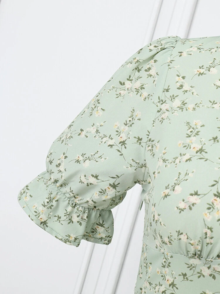 Women Ditsy Floral Print V-Neck Split Hem Puff Sleeve Dress 8 Women Ditsy Floral Print V-Neck Split Hem Puff Sleeve Dress - Image 8