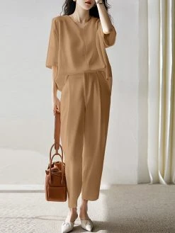 Women Solid Half V-neck Pocket Two Pieces Suit -Zanzea Shop 0d4cceb3 7e8a 4dd2 a923 798ce0a129eb