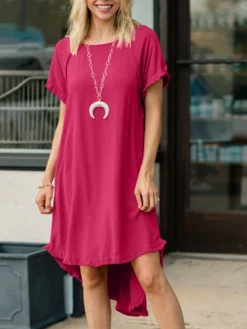 Women Solid Crew Neck Ruffle Trim Casual Short Sleeve Dress