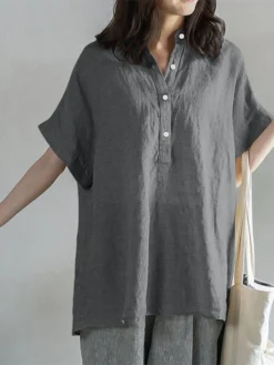 Solid Button Stand Collar Short Sleeve Loose Casual Blouse -Zanzea Shop 0d60a25f 3c02 4aa8 ae67 a004a63c040b
