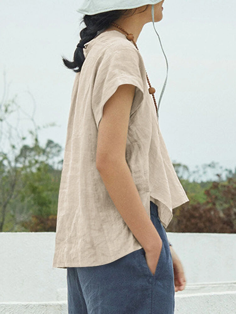 Solid High-low V-neck Short Sleeve Slit Casual Blouse 8 Solid High-low V-neck Short Sleeve Slit Casual Blouse - Image 8