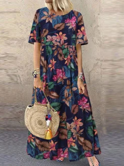 Allover Leaves Print Short Sleeve Crew Neck Maxi Dress -Zanzea Shop 0db03441 ce8f 4def ab70 82481a533aa6