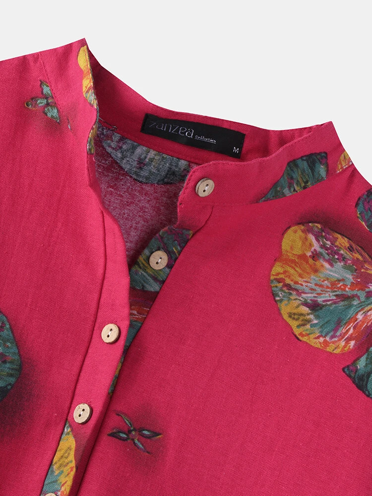 Calico Print Stand Collar Long Sleeve Plus Size Button Dress For Women 6 Calico Print Stand Collar Long Sleeve Plus Size Button Dress For Women - Image 6