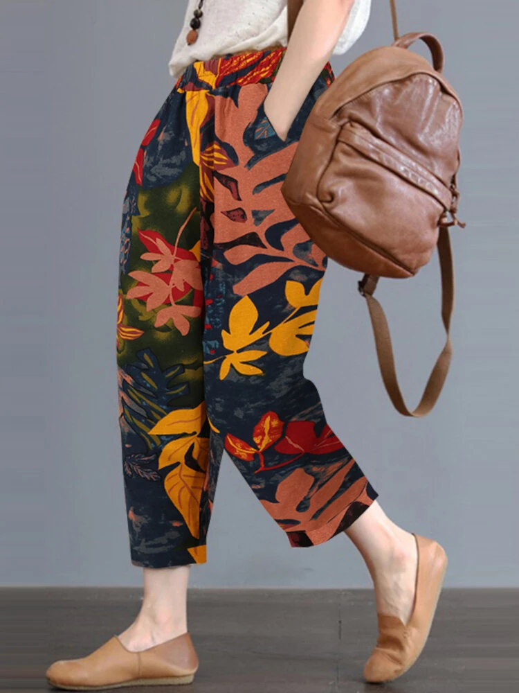 Leaves Print Pocket Loose Vintage Pants For Women 3 Leaves Print Pocket Loose Vintage Pants For Women - Image 3