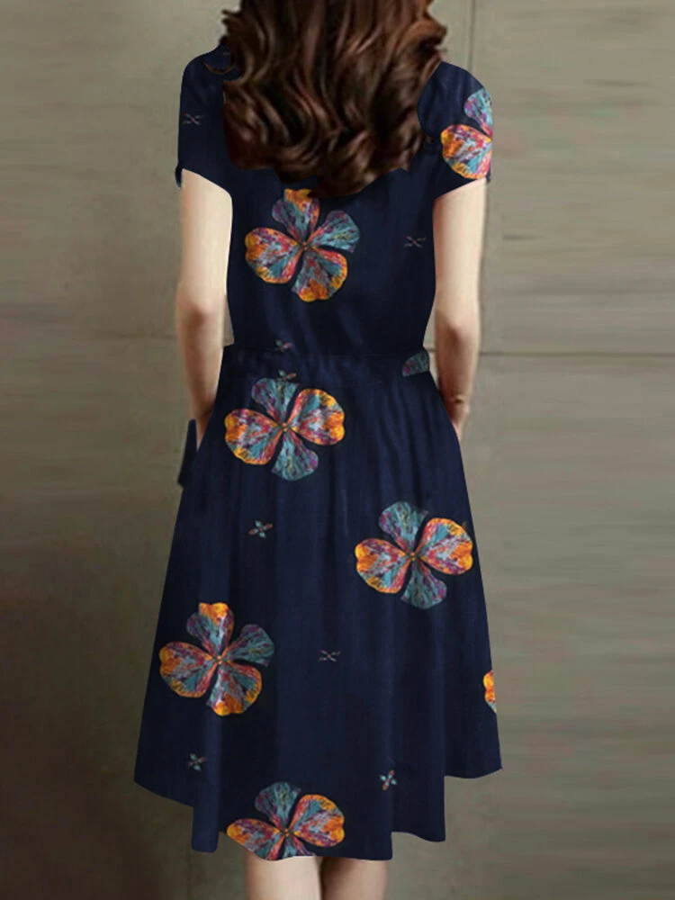 Flower Print Drawstring Waist Pocket Short Sleeve Vintage Dress 2 Flower Print Drawstring Waist Pocket Short Sleeve Vintage Dress - Image 2