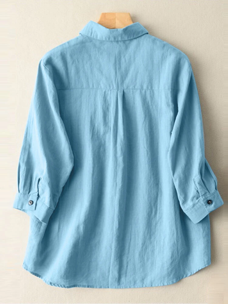 Solid 3/4 Sleeve Pocket Button Front Lapel Shirt 4 Solid 3/4 Sleeve Pocket Button Front Lapel Shirt - Image 4