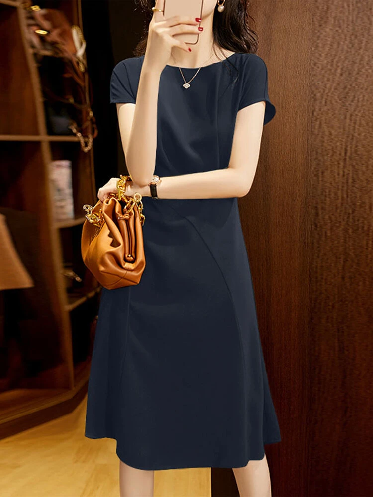 Solid Invisible Zip Side Short Sleeve Crew Neck Dress 9 Solid Invisible Zip Side Short Sleeve Crew Neck Dress - Image 9