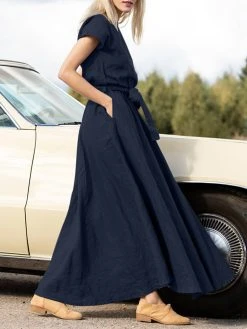 Solid Pocket Swing Short Sleeve Maxi Dress With Belt -Zanzea Shop 0e692997 0c28 4350 904d 5f5d16311524