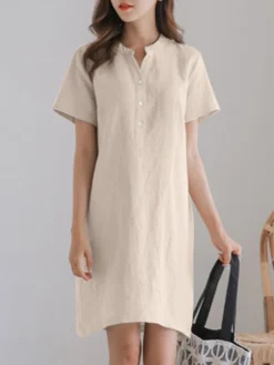 Solid Short Sleeve Button Front Half Placket Dress -Zanzea Shop 0e9d2ae3 0bc8 4db6 8b92 1767c7959603
