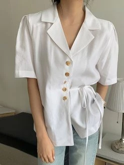 Solid Button Tie-Up Lapel Short Sleeve Casual Cotton Blouse -Zanzea Shop 0ec0e49b 4ae1 4163 b4ba ea98b2cc31f8