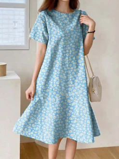 Allover Floral Print Ruffle Hem Short Sleeve Crew Neck Dress