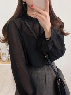 Solid Puff Sleeve Ruffle Stand Collar Chiffon Blouse 10 Solid Puff Sleeve Ruffle Stand Collar Chiffon Blouse -Zanzea Shop 0f1b2bee 7d65 48fd bbdf 1cd2c1c8167f