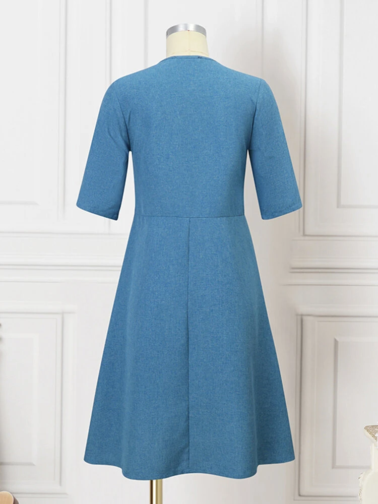 Women Solid Notched Neck Slant Pocket Half Sleeve Dress 4 Women Solid Notched Neck Slant Pocket Half Sleeve Dress - Image 4