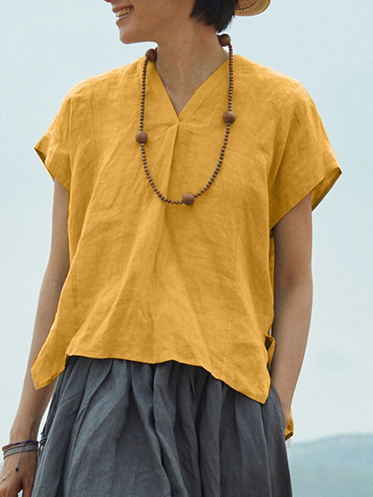 Solid High-low V-neck Short Sleeve Slit Casual Blouse 6 Solid High-low V-neck Short Sleeve Slit Casual Blouse - Image 6