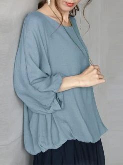 Women Solid Crew Neck Casual 3/4 Sleeve Blouse -Zanzea Shop 0fb340c6 1a89 4256 8d37 72d0347d6602