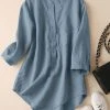 Solid Button Pocket High-Low Hem Casual Cotton Blouse
